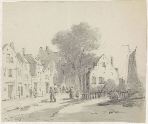View of houses on the edge of Delft, with a canal on the right