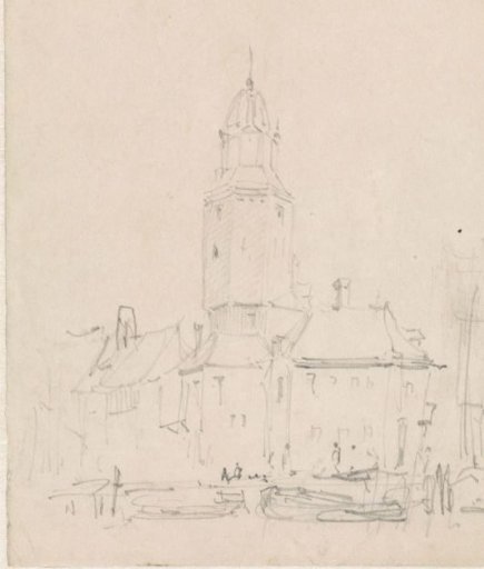 City view with a tower near houses on the quay