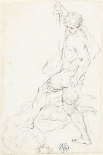 Warrior standing with left foot on opponent (David and Goliath?)