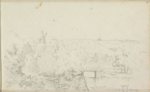 View of a landscape with a bridge and a mill