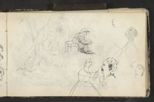 Study sheet, including a seated boy on a bench and caricatured heads