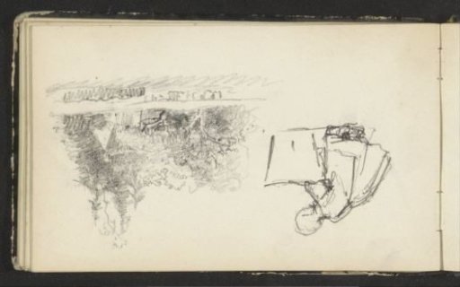 Girl by a bucket and a landscape with water
