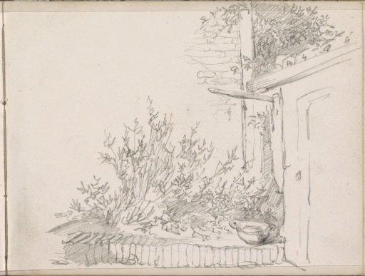 Border with plants and a bowl in a garden