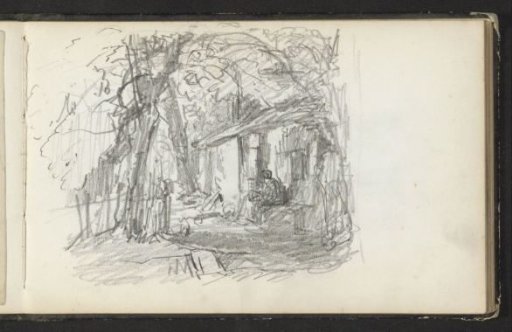 Figure seated before a rural house among the trees
