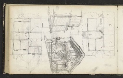 Front elevation of Villa Grada and a design for the floor plan of the villa