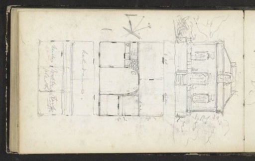 Rear facade of Villa Grada and a design for the floor plan of the villa