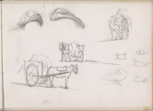 Study sheet, including ducks and horses with carriages