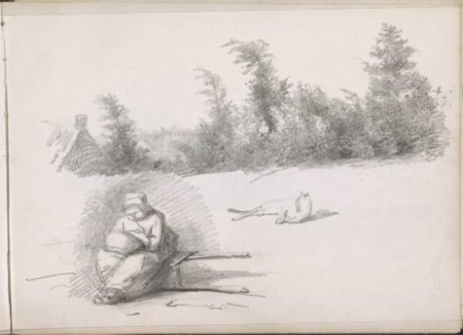 Study sheet, including treetops next to the gable of a house