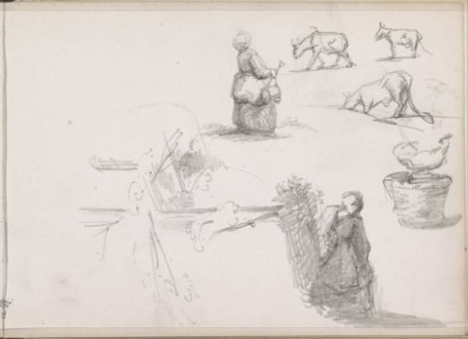 Study sheet, including cows, a chicken, and a milkmaid