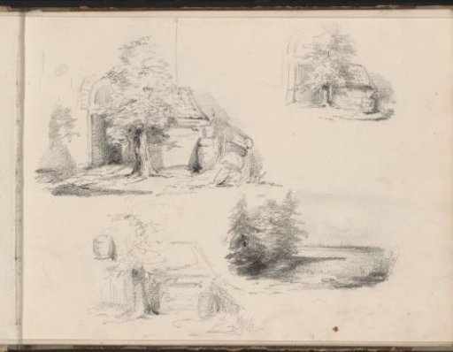 Landscape and three times a tree by a shed