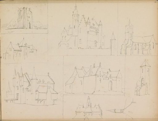Study sheet with fortified buildings and a church