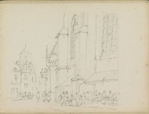 View of a church square with a market stall