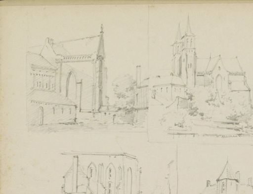 Study sheet with buildings, including churches