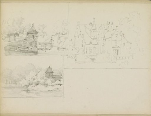 Two landscapes and a view of a castle or country estate
