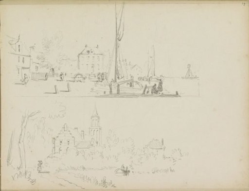 Two views of buildings on water