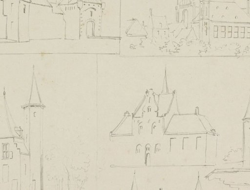 Study sheet with fortified buildings and a church