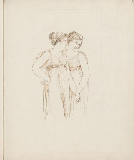 Two women holding hands, after the antique