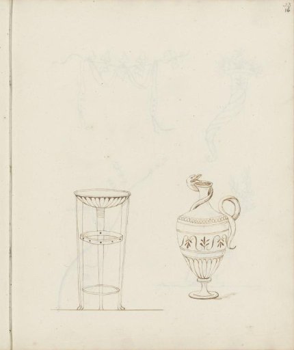 Table with a sacrificial bowl and a Greek vase