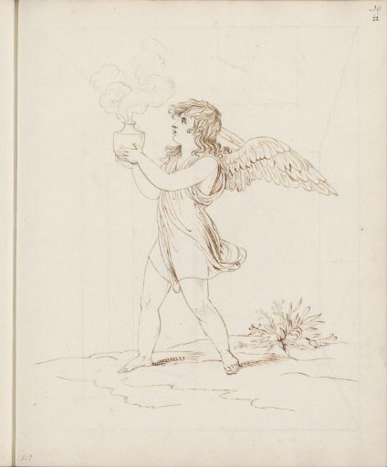 Winged boy with a smoking urn in a landscape