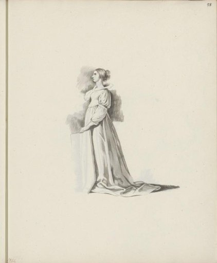 Woman in a jacket standing next to a tablet