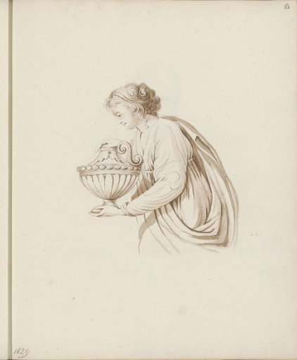 Woman carrying an ornamental vase with a lid