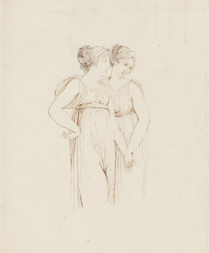 Two women holding each other's hands, after a classical model