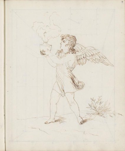 Winged boy with a smoking urn in a landscape