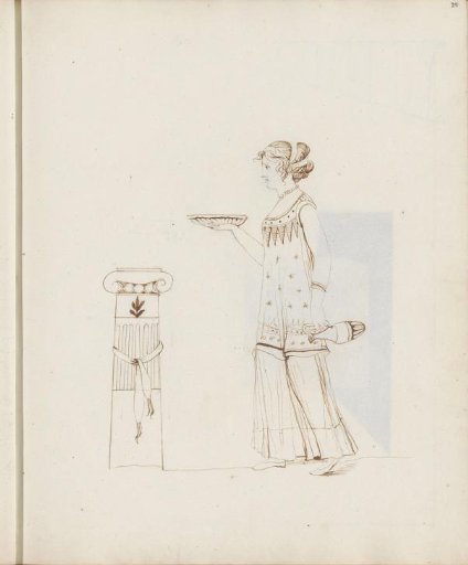 Woman with a bowl and jug at an altar
