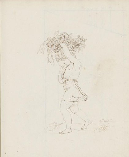 Putto carrying a basket of flowers on his head