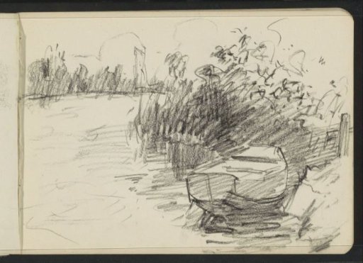 Moored rowboat near a bush along a waterfront