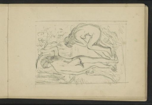 Standing and seated nude woman at the edge of a forest