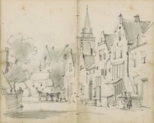 Village view with figures and a church tower