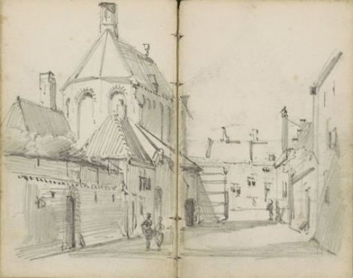 Village street with a church and figures