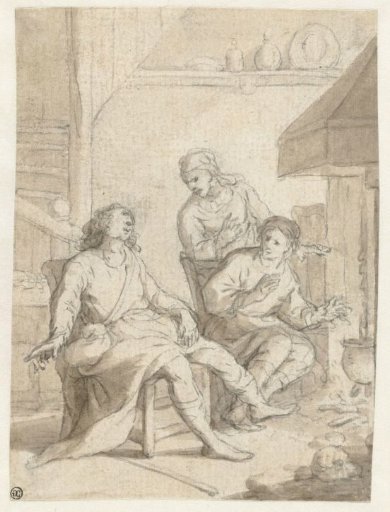 Man and two women in a kitchen by the fire