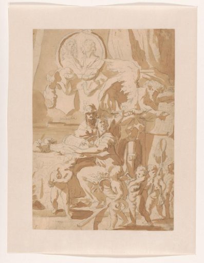 Historia writing in her journal, assisted by Prudentia and Chronos