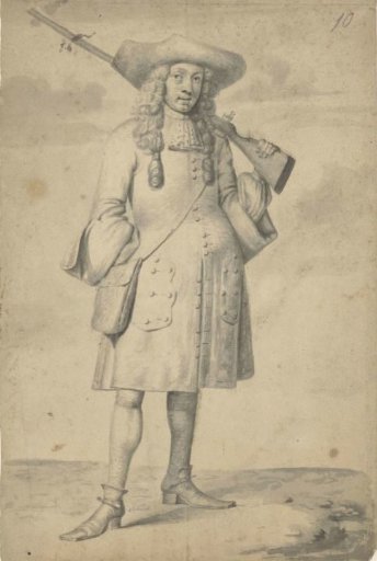 Standing man with a rifle over his shoulder, seen from the front
