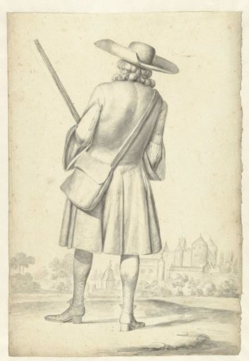 Standing man with a rifle, seen from the back