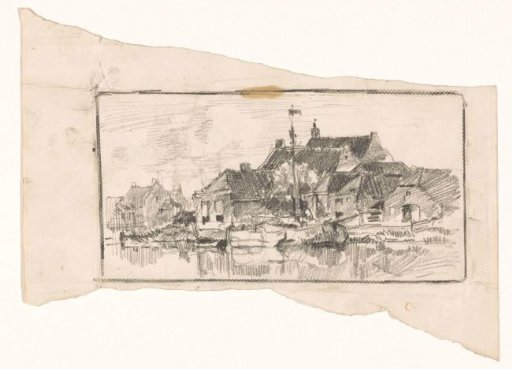 Village view with a sailing ship in a canal