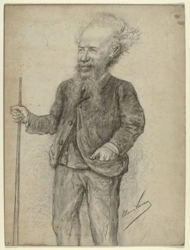 Caricature portrait of Carl Sierig with a billiard cue