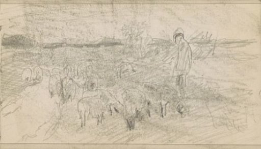 Shepherd with a flock of sheep in a landscape