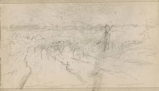 Shepherd with a flock of sheep in a landscape