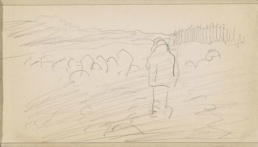 Shepherd with a flock of sheep in a landscape