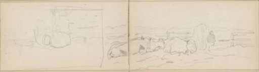 Meadow with lying cows and a farmer milking a cow