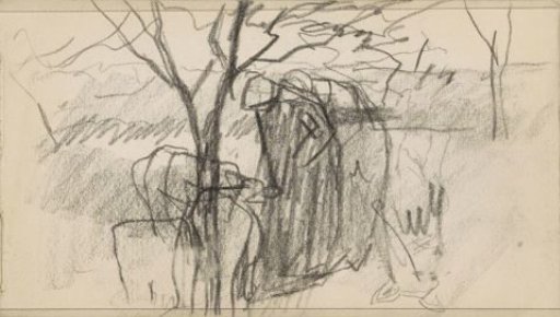 Peasant woman bending forward towards some sheep by a tree