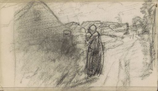 Two women on a path near some rural dwellings