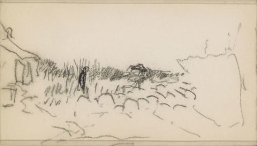 Shepherd with a flock of sheep in a landscape