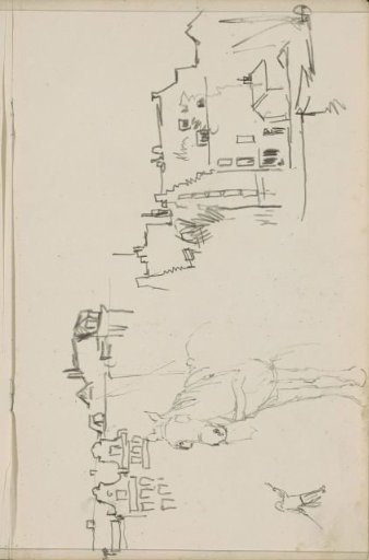 Horses and Rows of Houses with Clock and Step Gables
