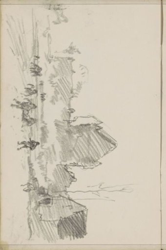Figures in an open field near a building with four towers