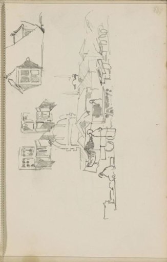 Figures at market stalls