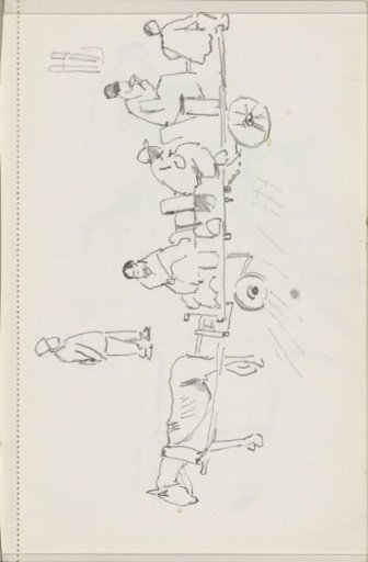 Seated figures and luggage on a horse-drawn cart